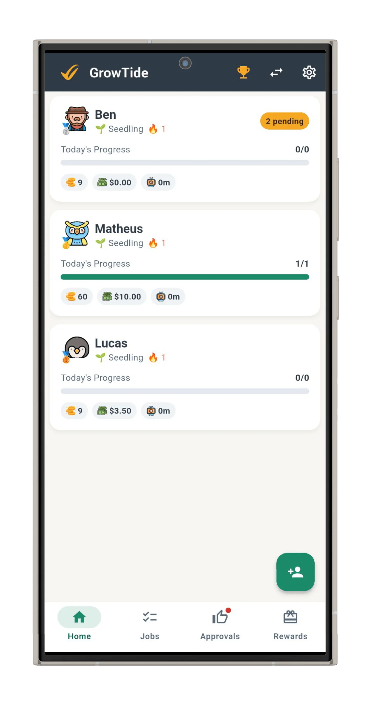 GrowTide home screen showing a family's daily progress on chores.