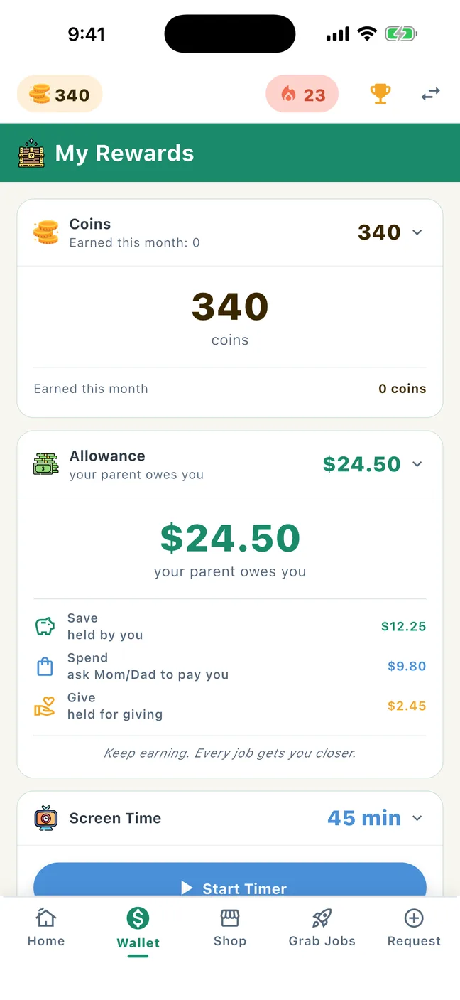 A kid's wallet in GrowTide, splitting a $24.50 allowance into save, spend and give.