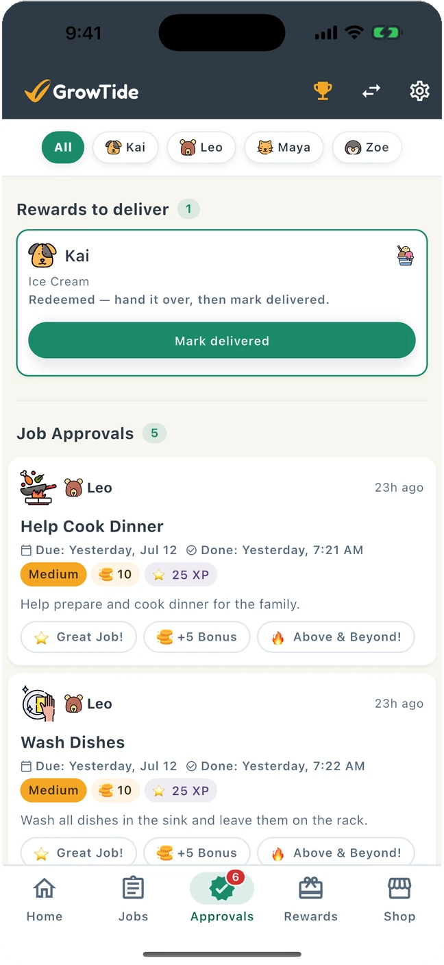 A parent's approval queue in GrowTide, with completed chores awaiting review.