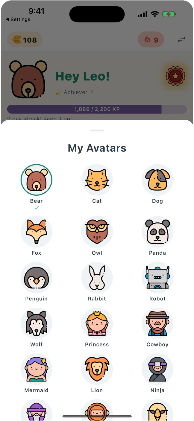 The GrowTide avatar picker, showing a grid of collectible animal avatars.
