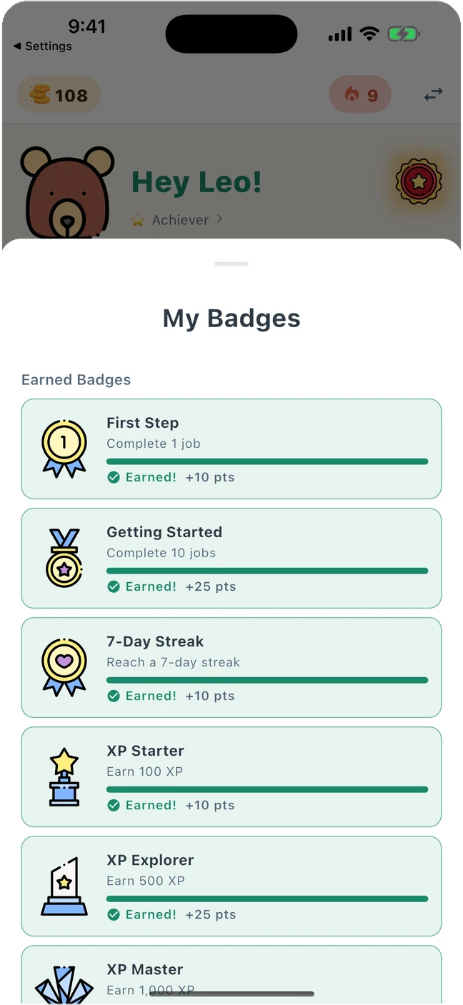 The GrowTide badge gallery, showing earned and locked achievement badges.