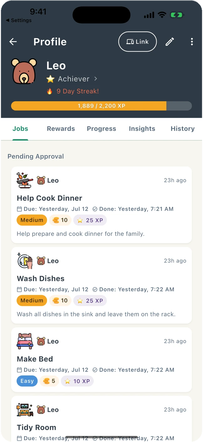 A child's detail view in GrowTide, tracking streaks, XP and rewards earned.