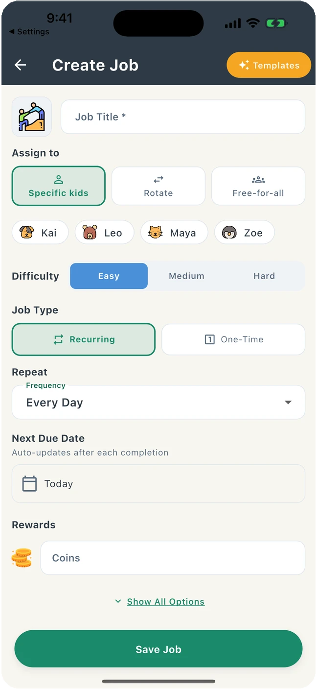 Creating a new chore in GrowTide, with a checklist, reward and schedule.