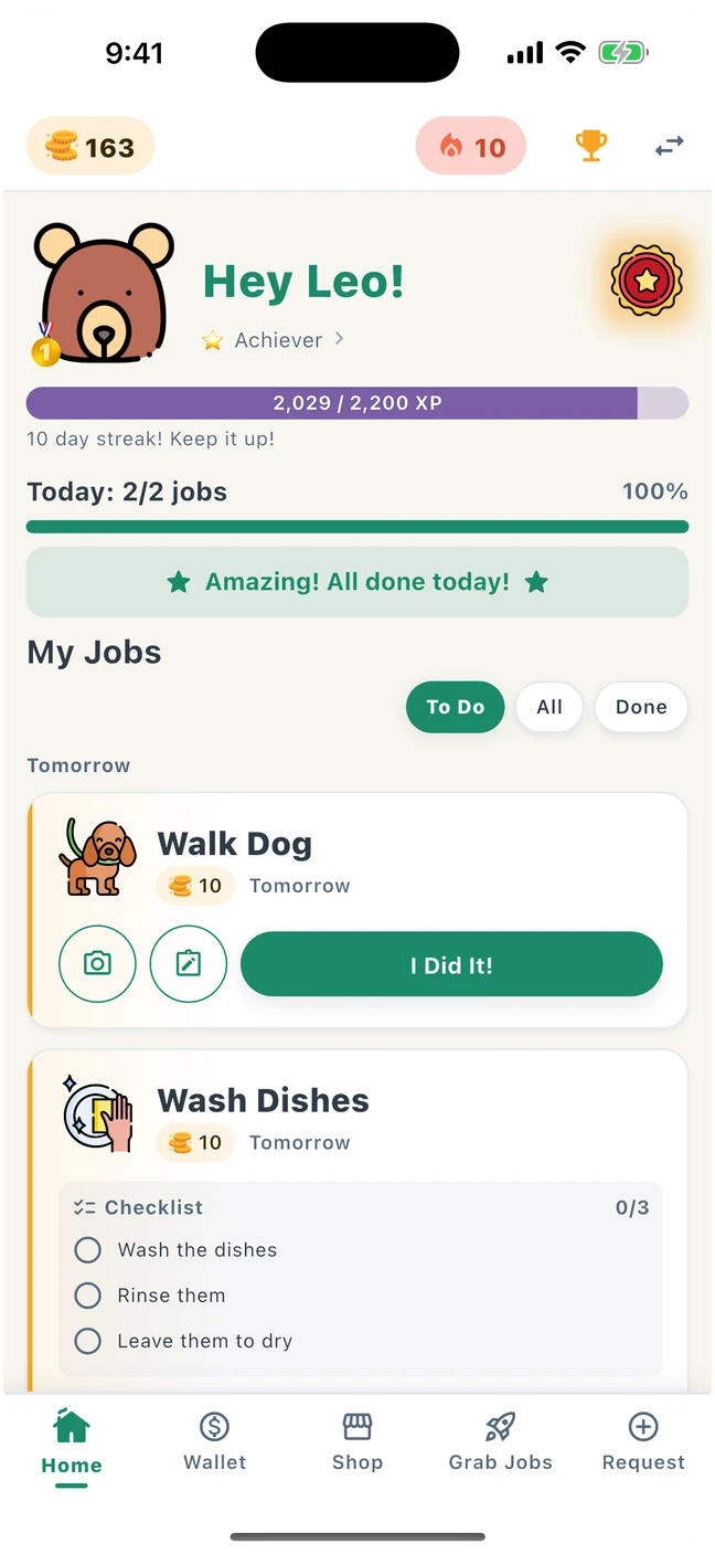 A kid's home screen in GrowTide, showing today's jobs, XP progress and a ten-day streak.