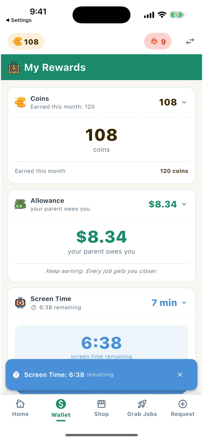 The GrowTide screen-time timer counting down earned minutes.